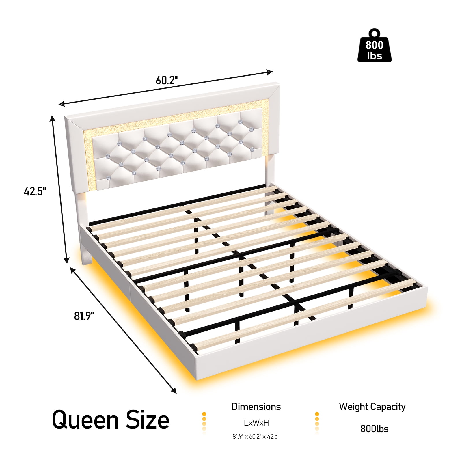4 EVER WINNER Queen Size Floating Bed Frame with LED Lights, Upholstered Platform Bed Frame with Diamond Tufted Headboard, White Queen Size Bed Frame, White