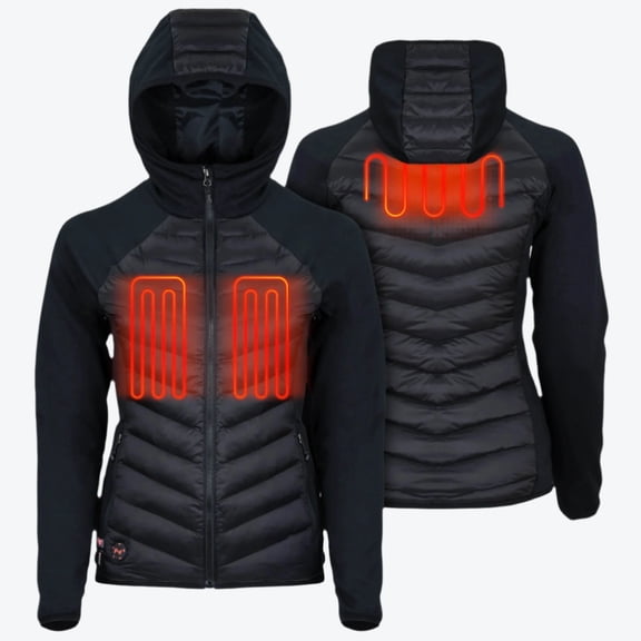 Mobile Warming Ventani Hybrid Heated Jacket for Women, Hooded, PrimaLoft Insulation, 3 Heat Zones, Black, XS