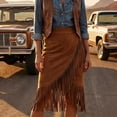 thumbnail image 2 of XIAONU Womens Suede Fringe Midi Skirt High Waist Asymmetrical Wrap Hem Skirt Western Cowgirl Festival Party Skirt, 2 of 6