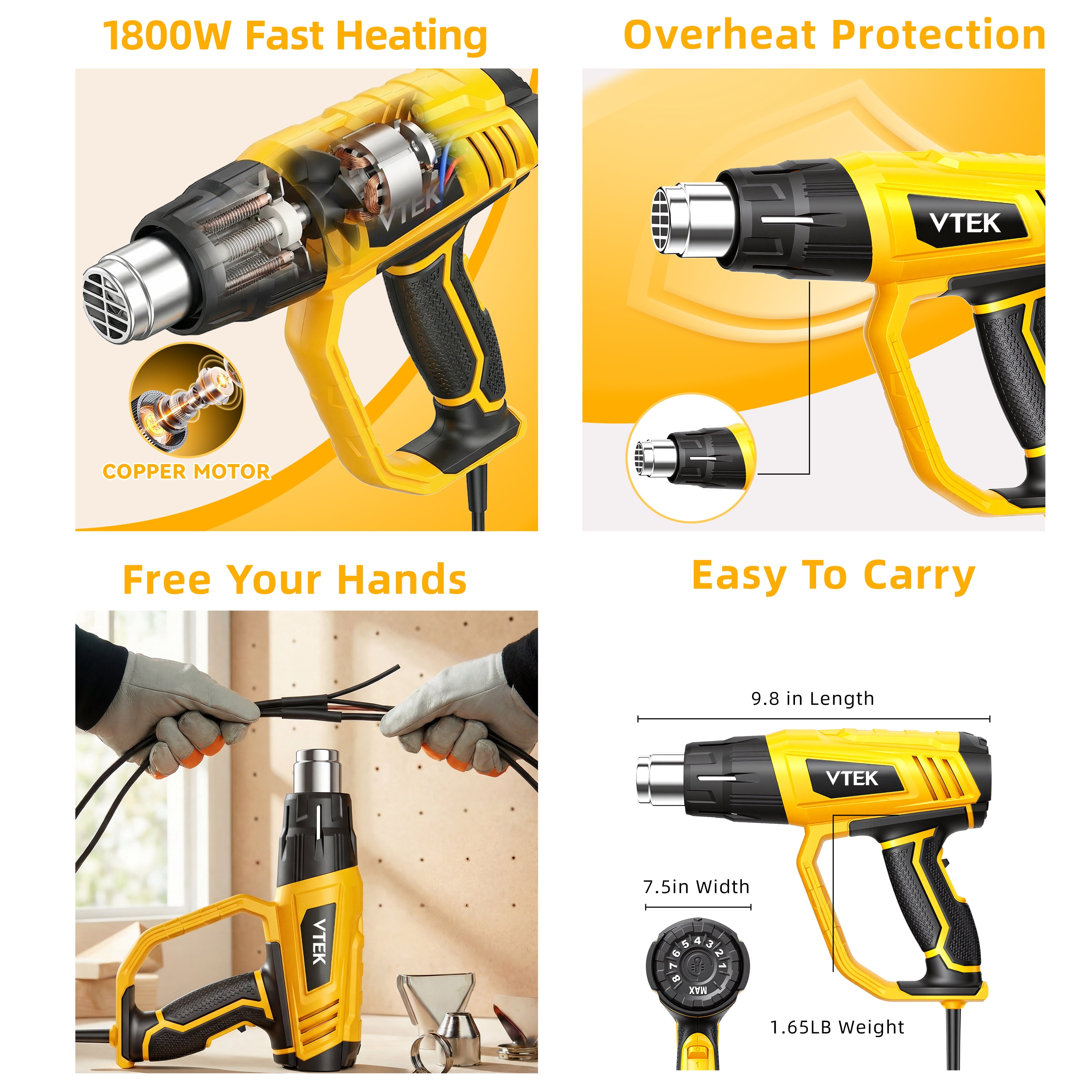 VTEK Heat Gun 1800W Hot Air Gun140℉-1202℉ Fast Heating Variable Temperature with 3 Speeds, 4 Nozzles for Shrinking PVC, Stripping Paint, Vinyl Wrap