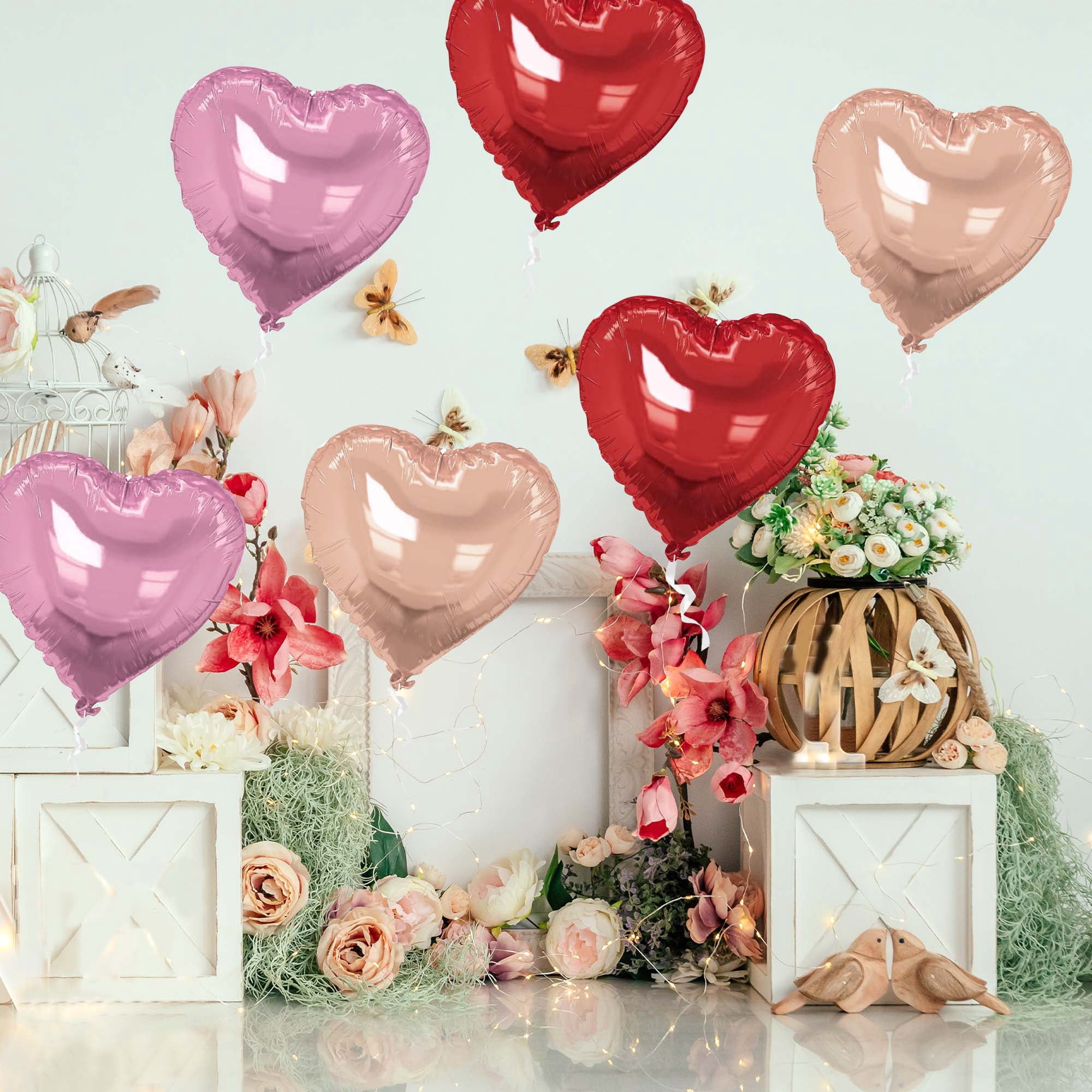 Unique Bargains 10Pcs Helium Balloons with Ribbon Heart Pattern Pink Red Champagne