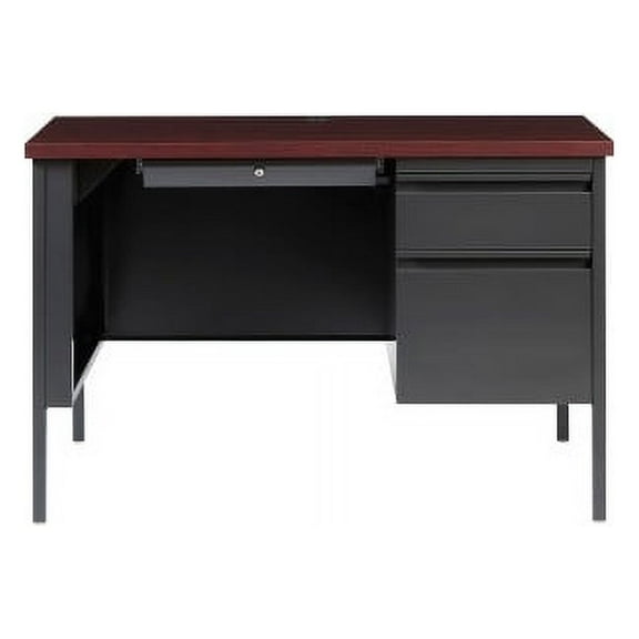 Lorell Fortress Series Mahogany Laminate Top Desk 45.5" x 24" x 29.5" , 1.1" Top - Box Drawer(s), File Drawer(s) - Single Pedestal on Right Side - Square Edge - Material: Steel Frame - Finish: Charcoa