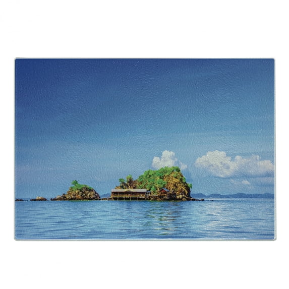 Island Cutting Board, Photo of Tropic Islands in the Pacific Sea Vivid Sky View Peaceful Idyllic, Decorative Tempered Glass Cutting and Serving Board, Small Size, Blue White, by Ambesonne