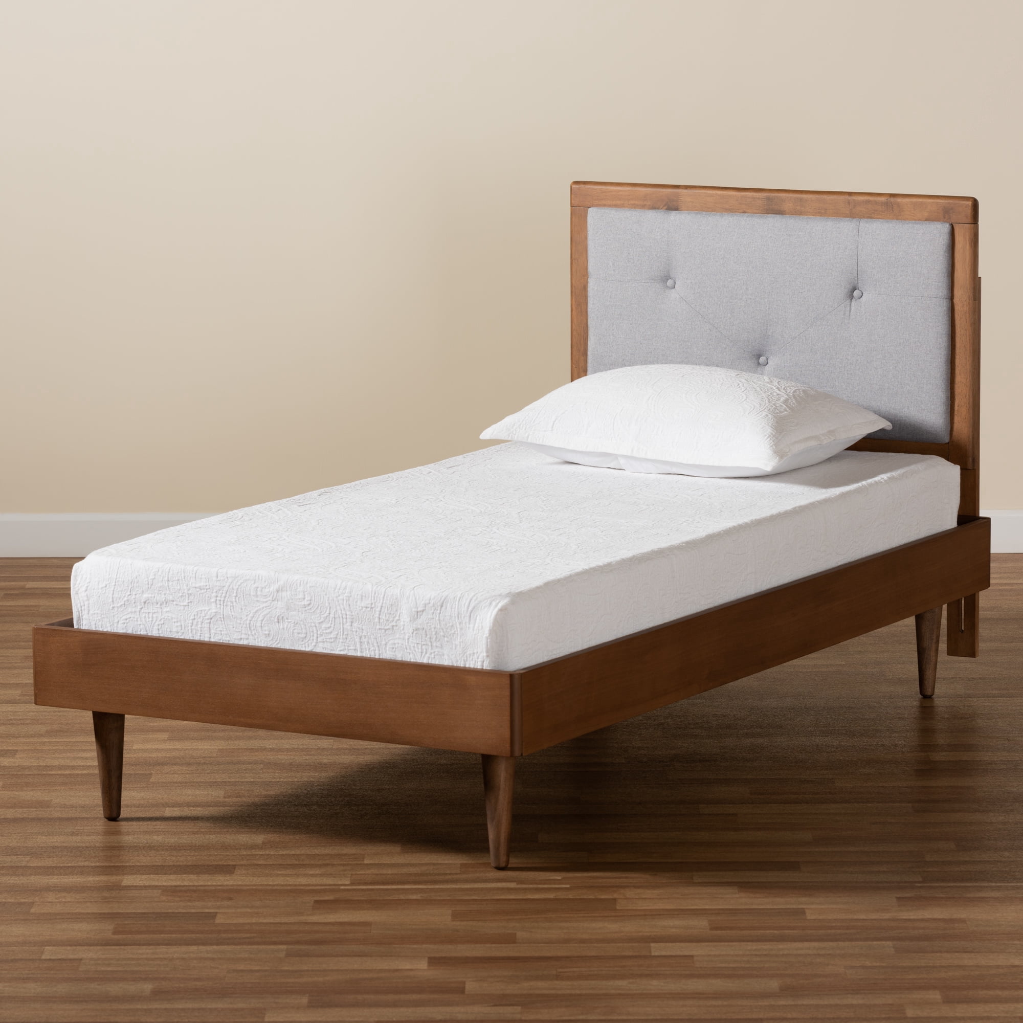 Baxton Studio Saul Mid-Century Modern Light Grey Fabric Upholstered and Walnut Brown Finished Wood Twin Size Platform Bed