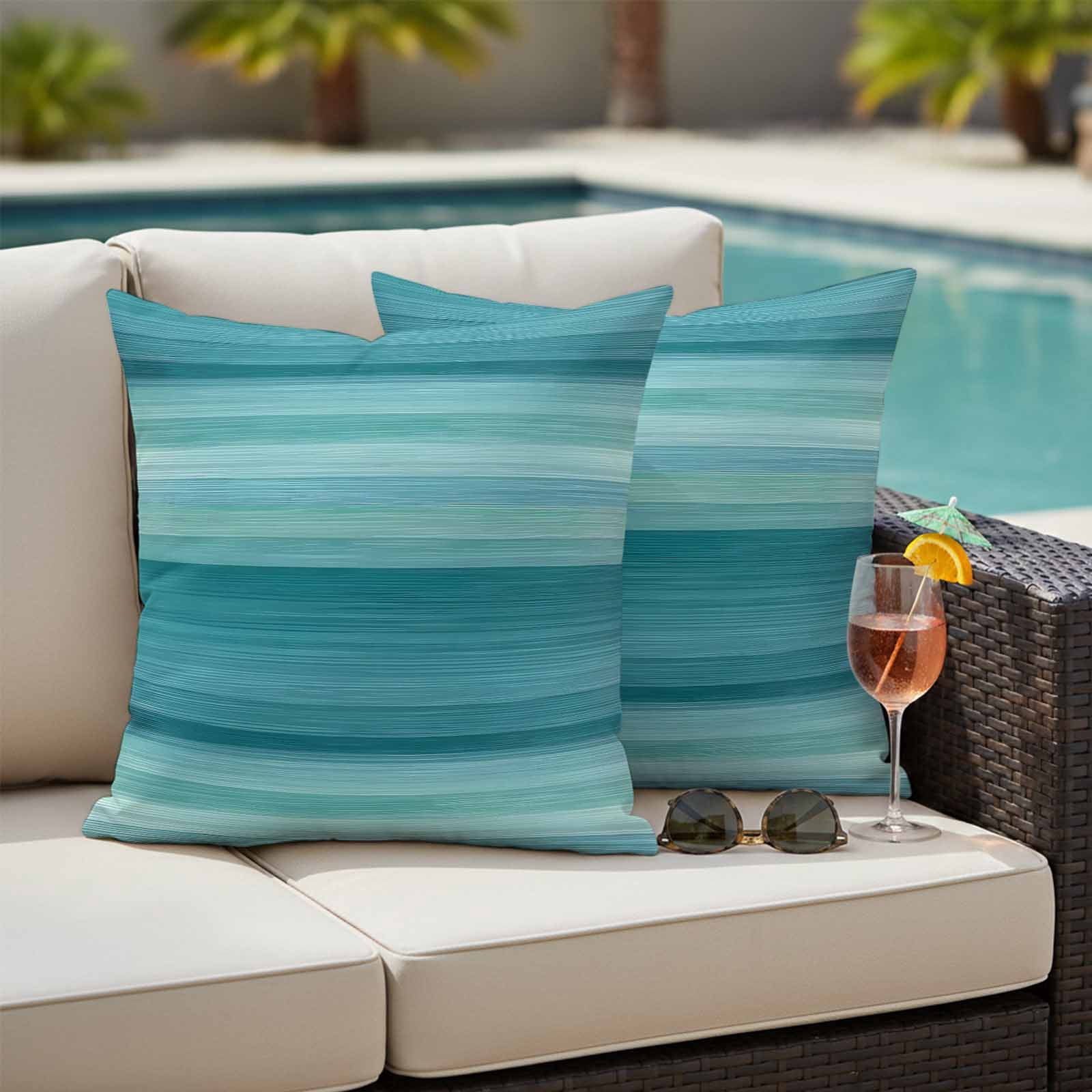 Teal Turquoise Aqua Ombre Outdoor Waterproof Pillow Covers, Contemporary Abstract Lines Decorative Square Throw Pillowcase Sofa Cushion Sham for Patio/Couch/Chair, 20"x20" 2 Pack