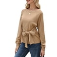 thumbnail image 2 of Sudadera con Nudo en la Cintura para Mujer, Larga Raglán, Estilo Túnica, Cuello Redondo, Elegante Blusa Deportiva de Otoño Caqui L, 2 of 7