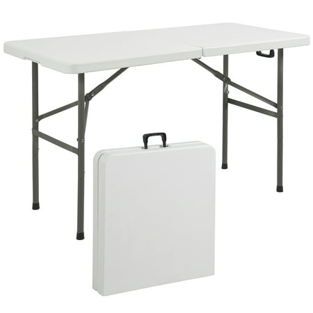 Best Choice Products 4ft Indoor Outdoor Portable Folding Plastic Dining Table for Backyard, Picnic, Party, Camp w/ Handle, Lock, Non-Slip Rubber Feet, Steel Legs