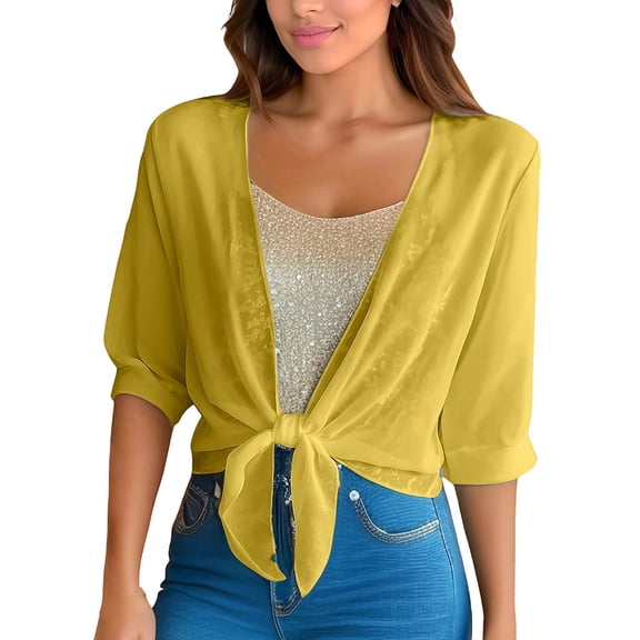 Gfyviroh Women's Cardigan Tie Front Elbow Length Sleeve Sheer Shrug Solid Lightweight Cropped Cover Up