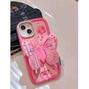 Pink Butterfly Phone Case Compatible with iPhone 11, Cute 3D Korea Dopamine Butterfly Case with Butterfly Wings Folding Stand Shockproof Silicone Soft Case