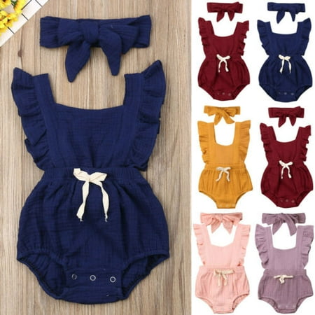 

Newborn Baby Girl Clothes Ruffle Jumpsuit Romper Bodysuit + Headband Outfits US