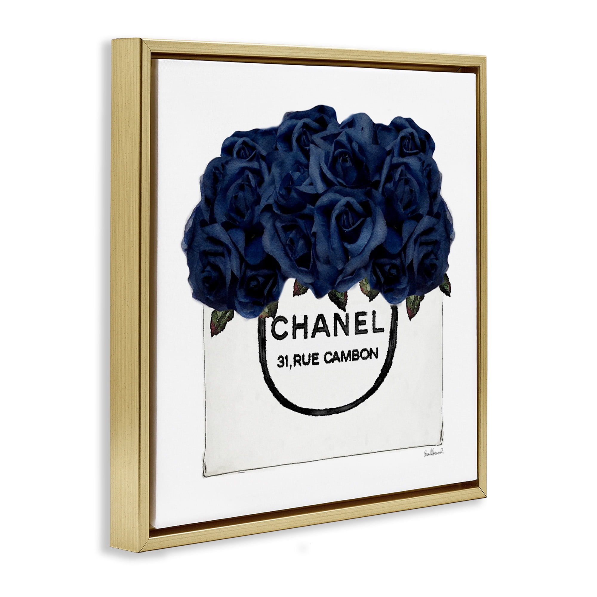 Stupell Industries Trendy Chic Navy Blue Roses Botanical & Floral Painting Gold Floater Framed Canvas Art Print Wall Art, 18 x 18
