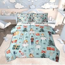 Manfei Cute Nutcracker Bedding Comforter Set 7pcs for Kids, Christmas Tree Snowflake Full Bedding Set, Blue Merry Xmas Fitted Sheet Flat Sheet, Lightweight Room Decor