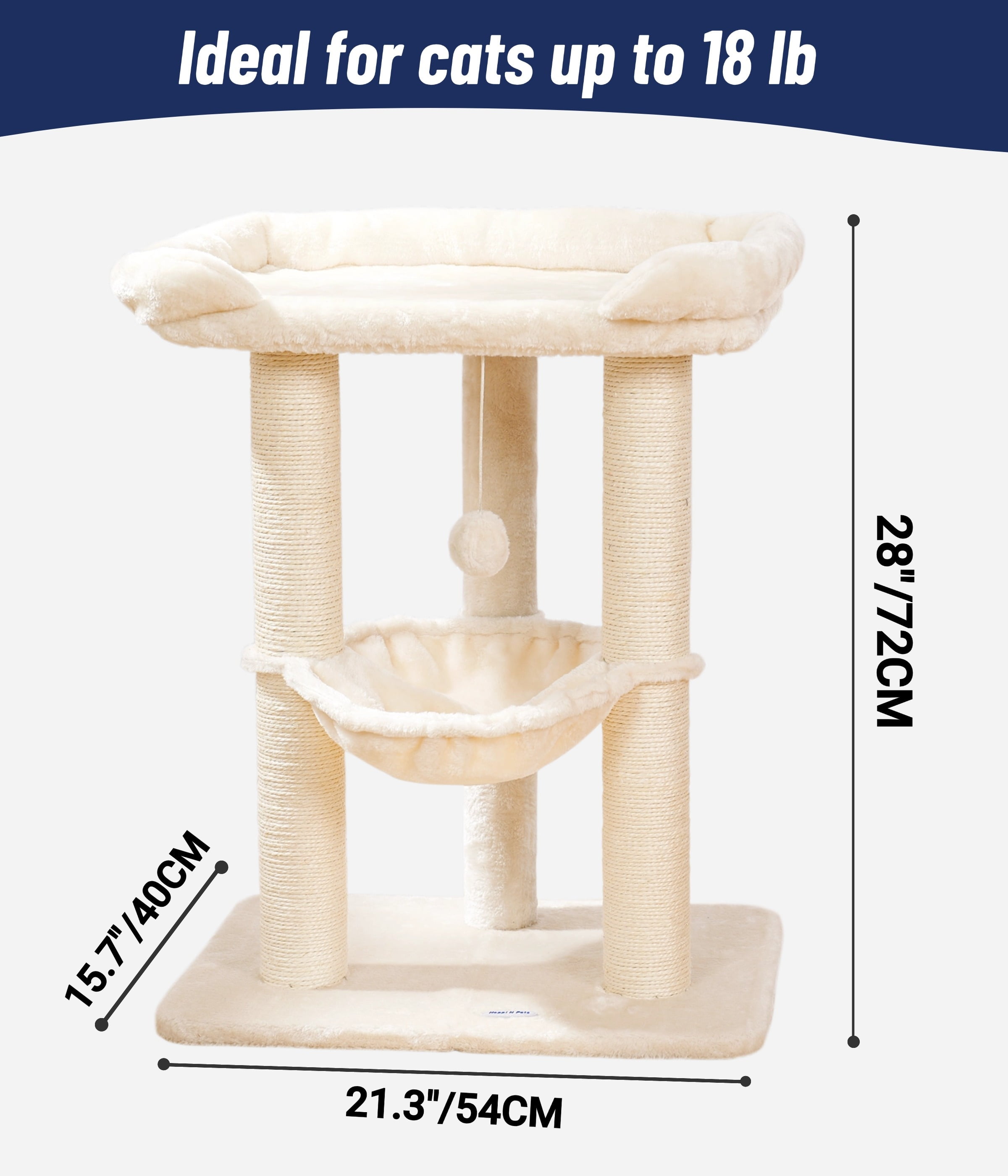 Happi N Pets 28" Cat Tree Tower, Tall Cat Scratching Post with Perch for Window Viewing, Large Bed for Big Cats, Cat Tower with Hammock, Removable Cover-Beige