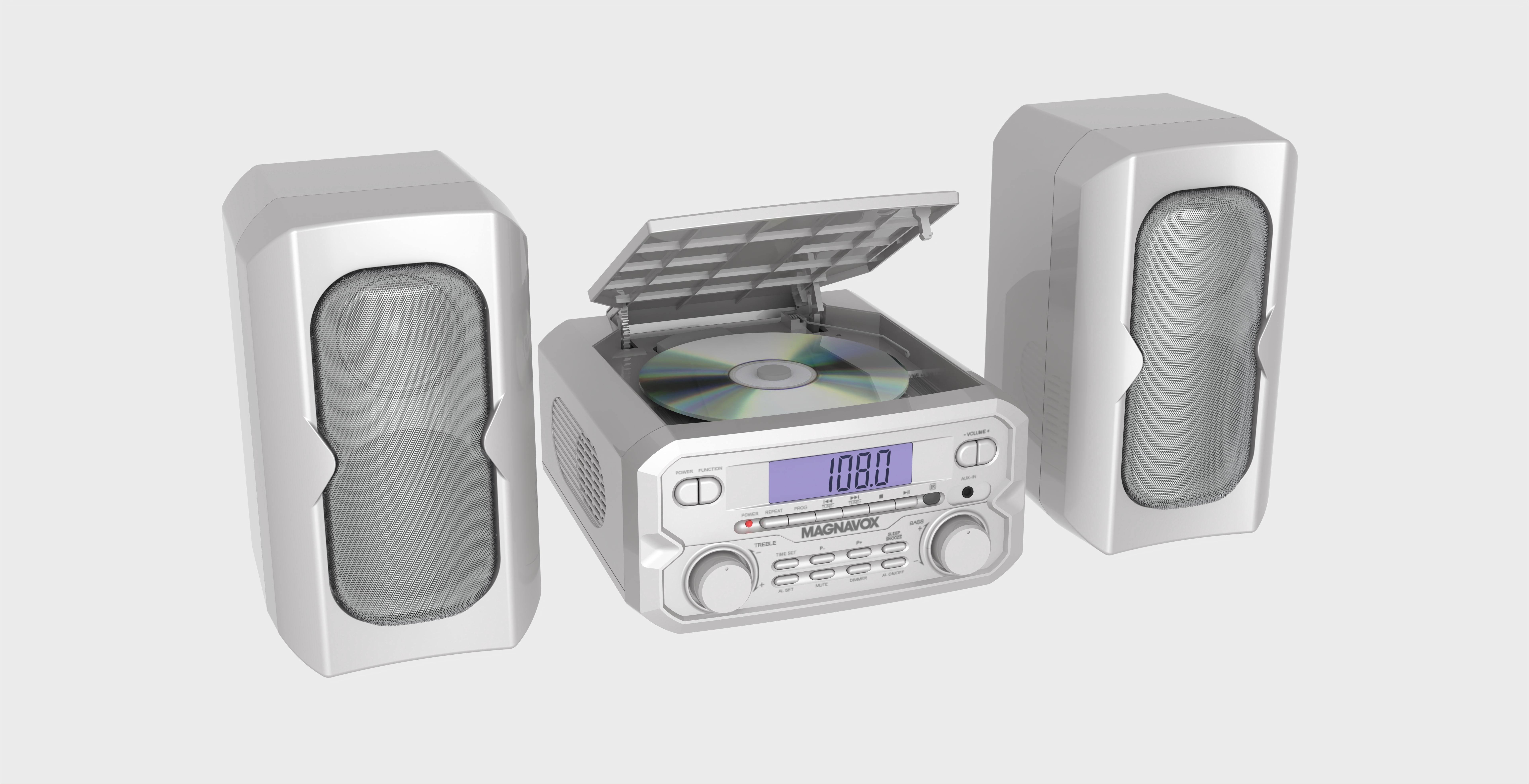 Magnavox Bluetooth 3-in-1 CD Shelf System with FM Stereo, Compact CD Player with Bluetooth Streaming, AUX Input, LCD Display, Top-Loading CD Player, Silver