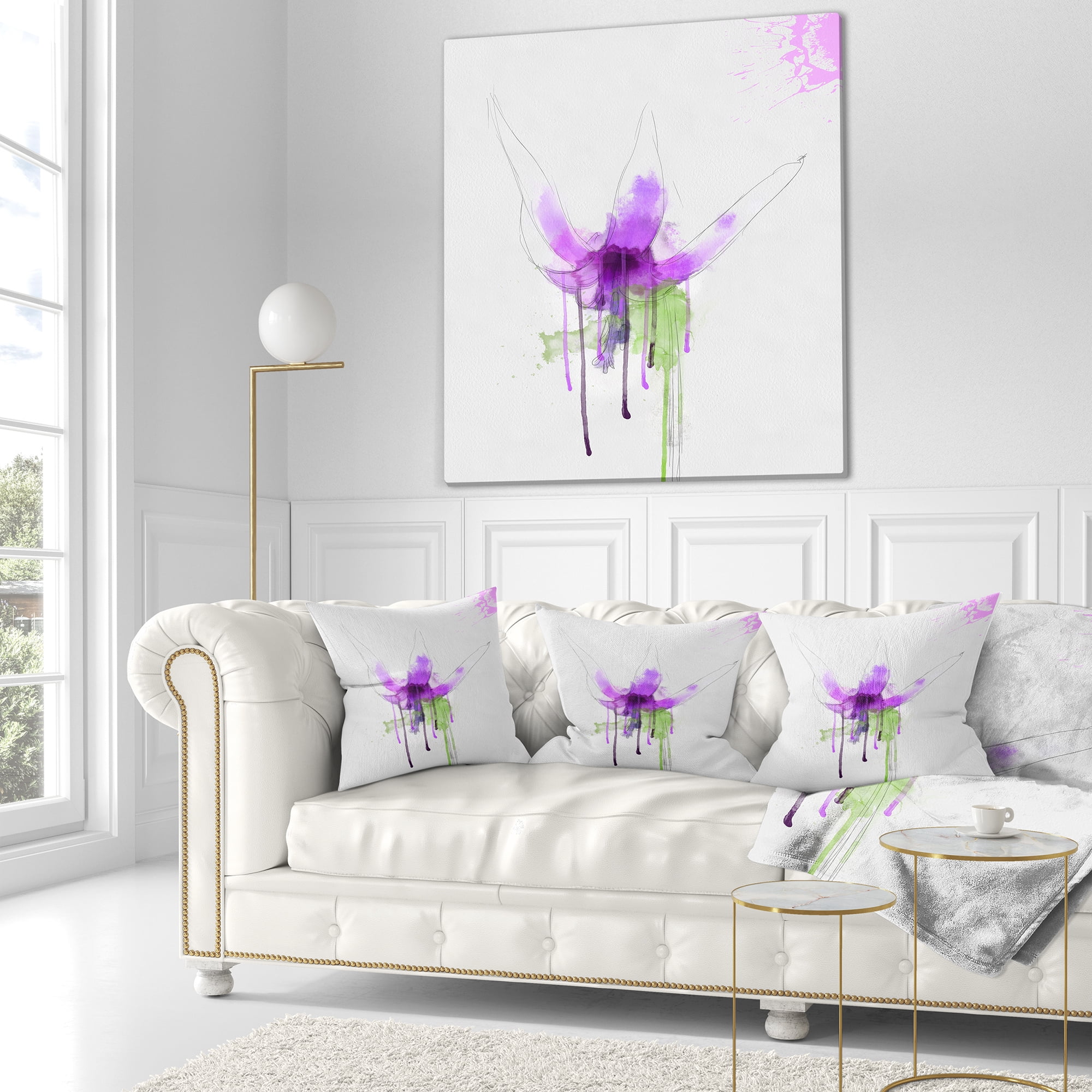 Designart Purple Flower with Green Splash - Floral Throw Pillow - 18x18