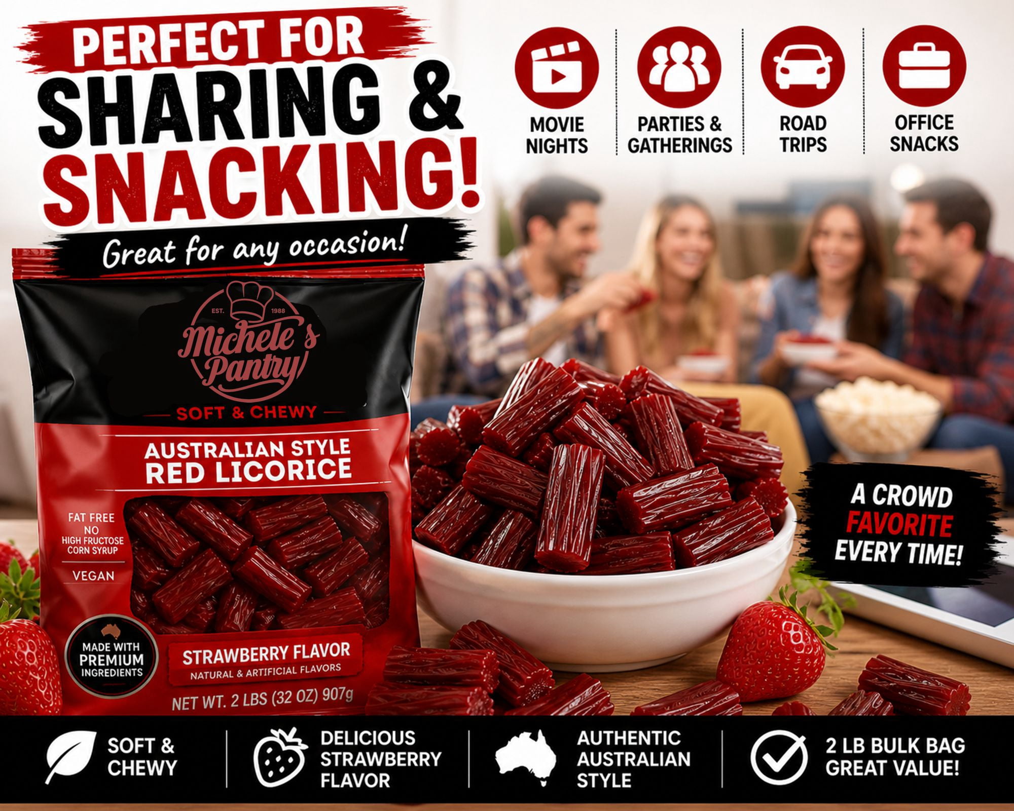 Michele’s Pantry Soft Australian Style Strawberry Licorice, Chewy Candy, 3 Pack, 6 lbs Total