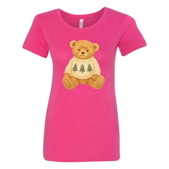 Inktastic Vintage Teddy Bear in Sweater with Christmas Trees Women's T-Shirt