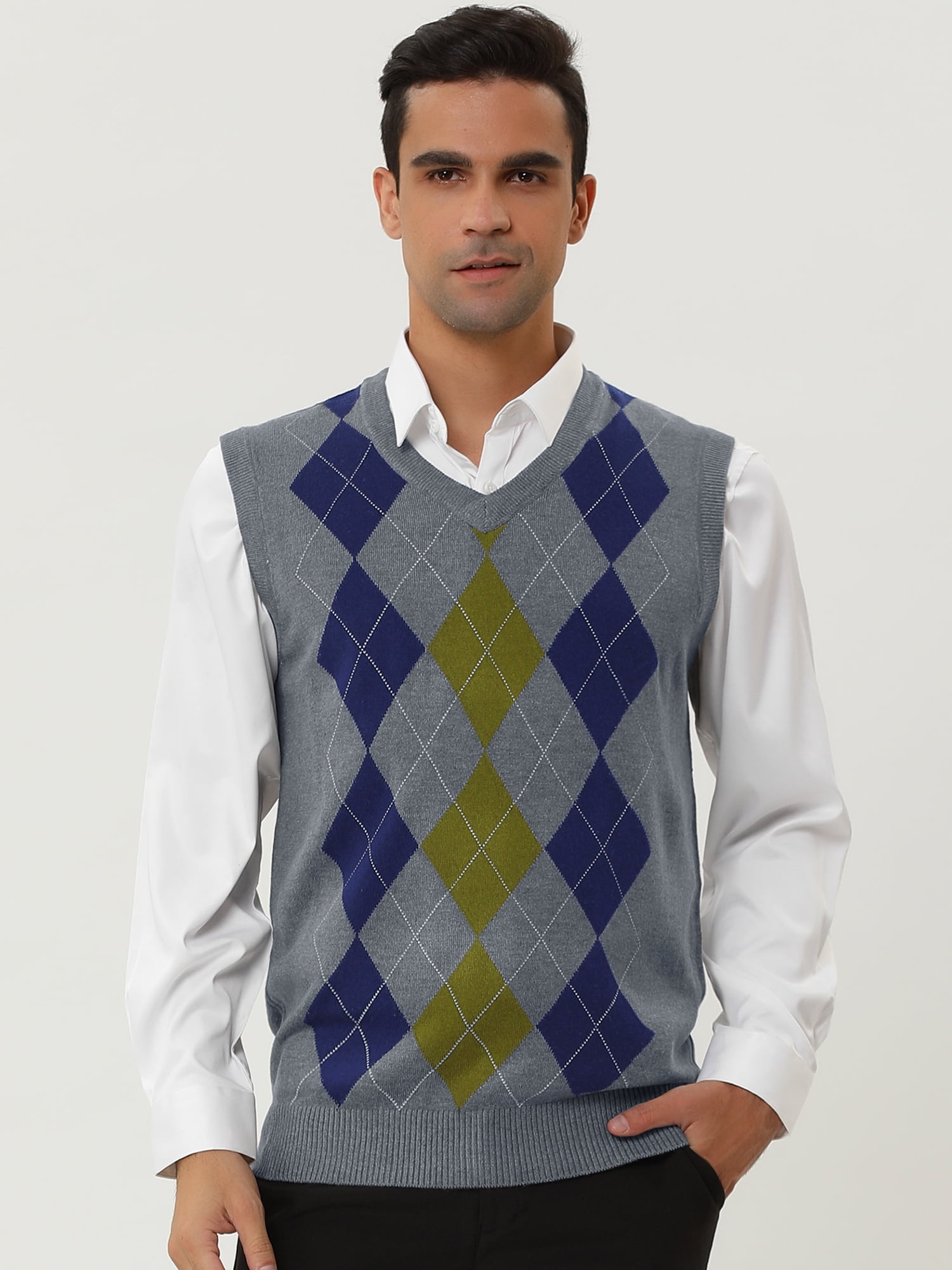 Unique Bargains Men's Argyle V Neck Slim Fit Sleeveless Knit Pullover Sweater Vests S Gray