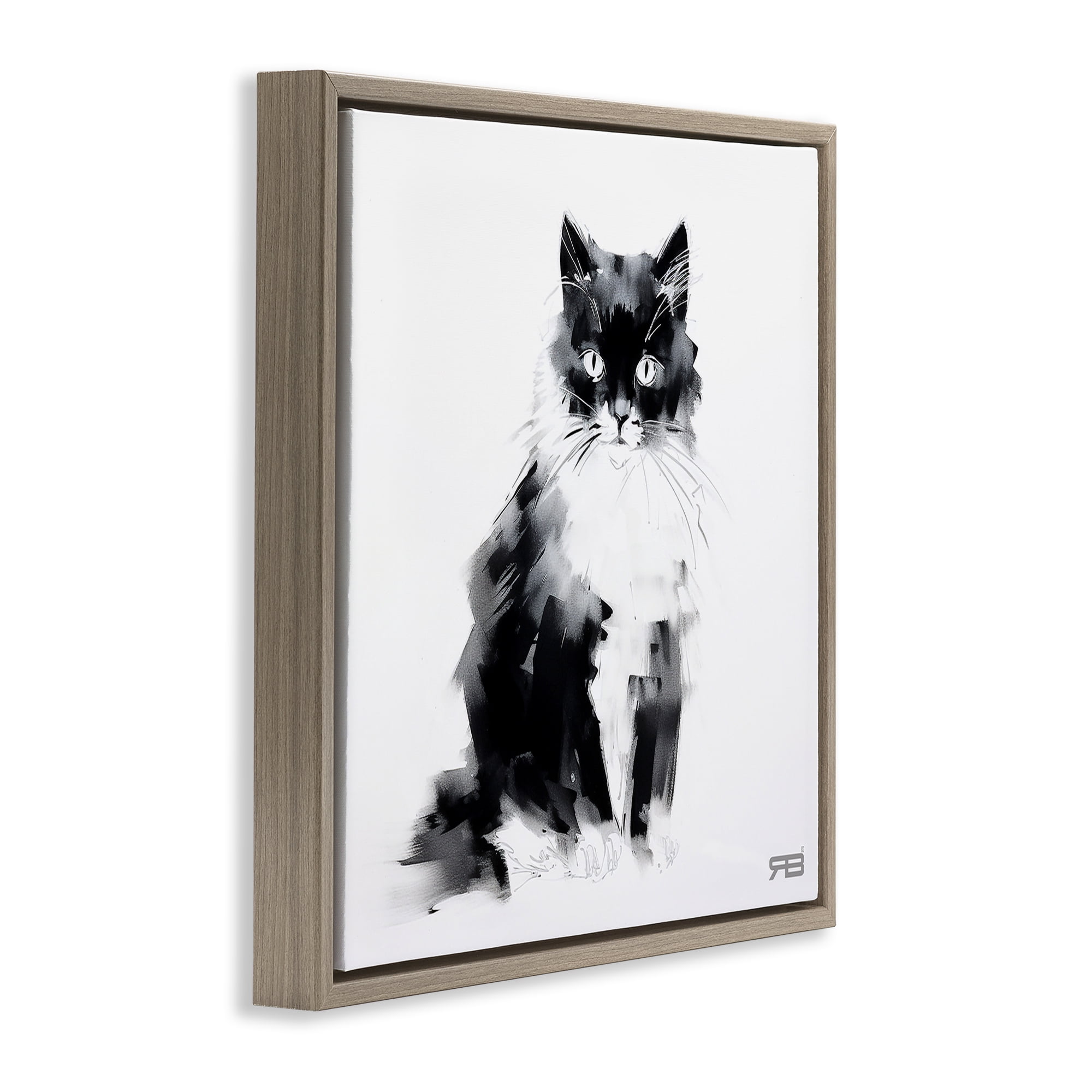 Stupell Industries Abstract Black & White Cat Animals & Insects Painting Brown Floater Framed Canvas Art Print Wall Art, 18 x 18