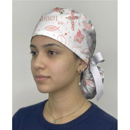 Christian Scrub Cap, Floral Faith Surgical Hat, Pink Cross Nurse Cap, Jesus Medical Cap, Tie Back OR Nurse Gift