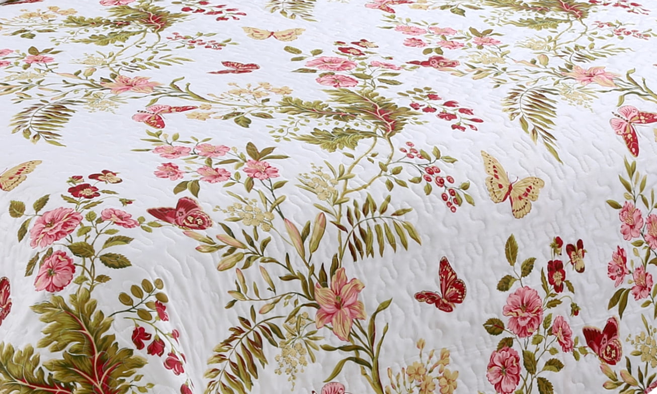Marina Decoration Couvre-lit imprimé riche, couvre-lit ultra doux pour l'été, avec taies d'oreiller matelassées, motif papillon et fleur rose vert rouge