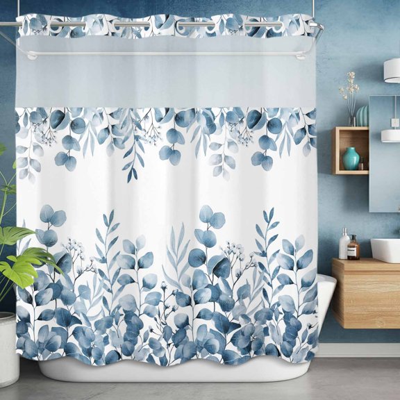 No Hook Shower Curtain with Snap in Liner, Blue Eucalyptus Leaves Waterproof Fabric Bathroom Curtain Mesh Top Window, Farmhouses Leaf on Top Shower Curtains 72x72in
