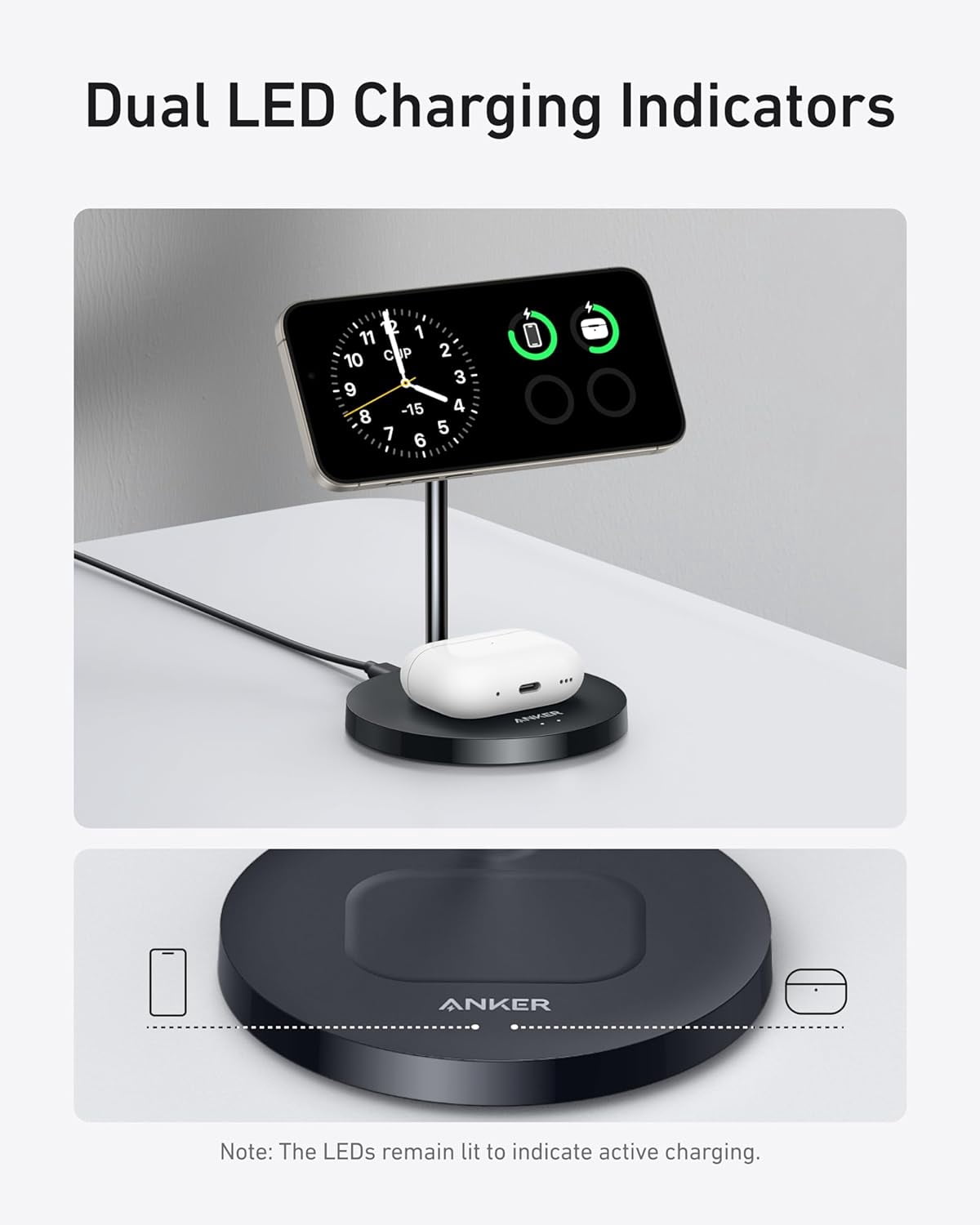 Anker MagSafe Compatible MagGo Charger Stand, 2-in-1 Wireless Charging Station, Qi2 Certified 15W Max Charging, Compatible for iPhone 17/16/15/14/13/12, AirPods Pro (Black, with 40W Adapter)