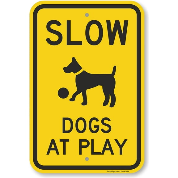 8 x 12 inch Slow - Dogs At Play Metal Sign,Black and Yellow Outdoor & Indoor Sign Yard Signs