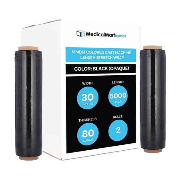 MMBM Black Opaque Machine Stretch Film 2 Rolls 30" x 5000' 80 Gauge Shrink Wrap for Pallet Packaging Wrapping