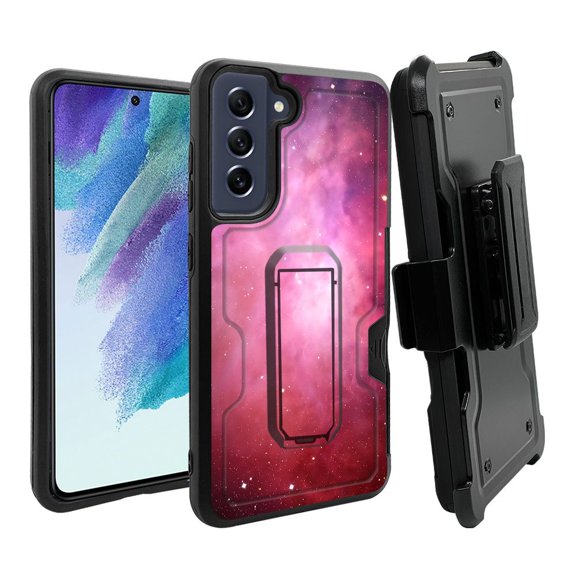 ANJ  Rugged Dual Layer Shockproof Holster Case w/Card Slot, Kickstand   Tempered Glass for Samsung Galaxy S21 FE 5G - Galaxy Stars (Pink)