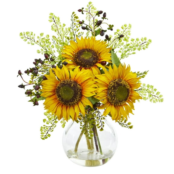 Nearly Natural Yellow Sunflower Artificial Flower Arrangement in Vase