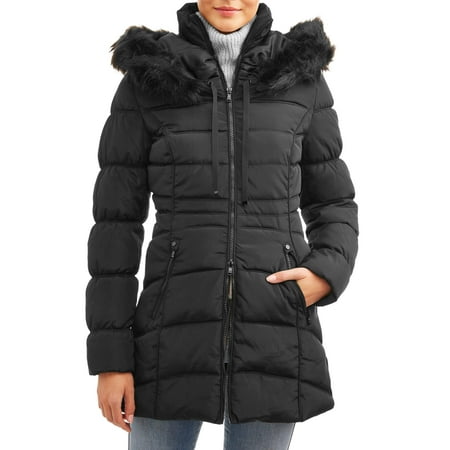 Celsius Women's Faux Fur Collar Long Heavy Puffer Jacket