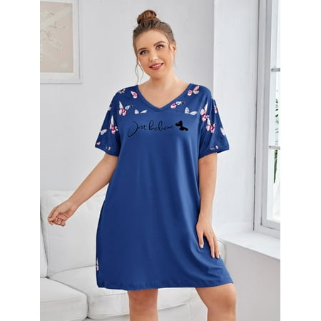 

Casual Women s Plus Short Sleeve Slogan And Butterfly Print Night Dress Blue 2XL(16) for Summer F220102Y