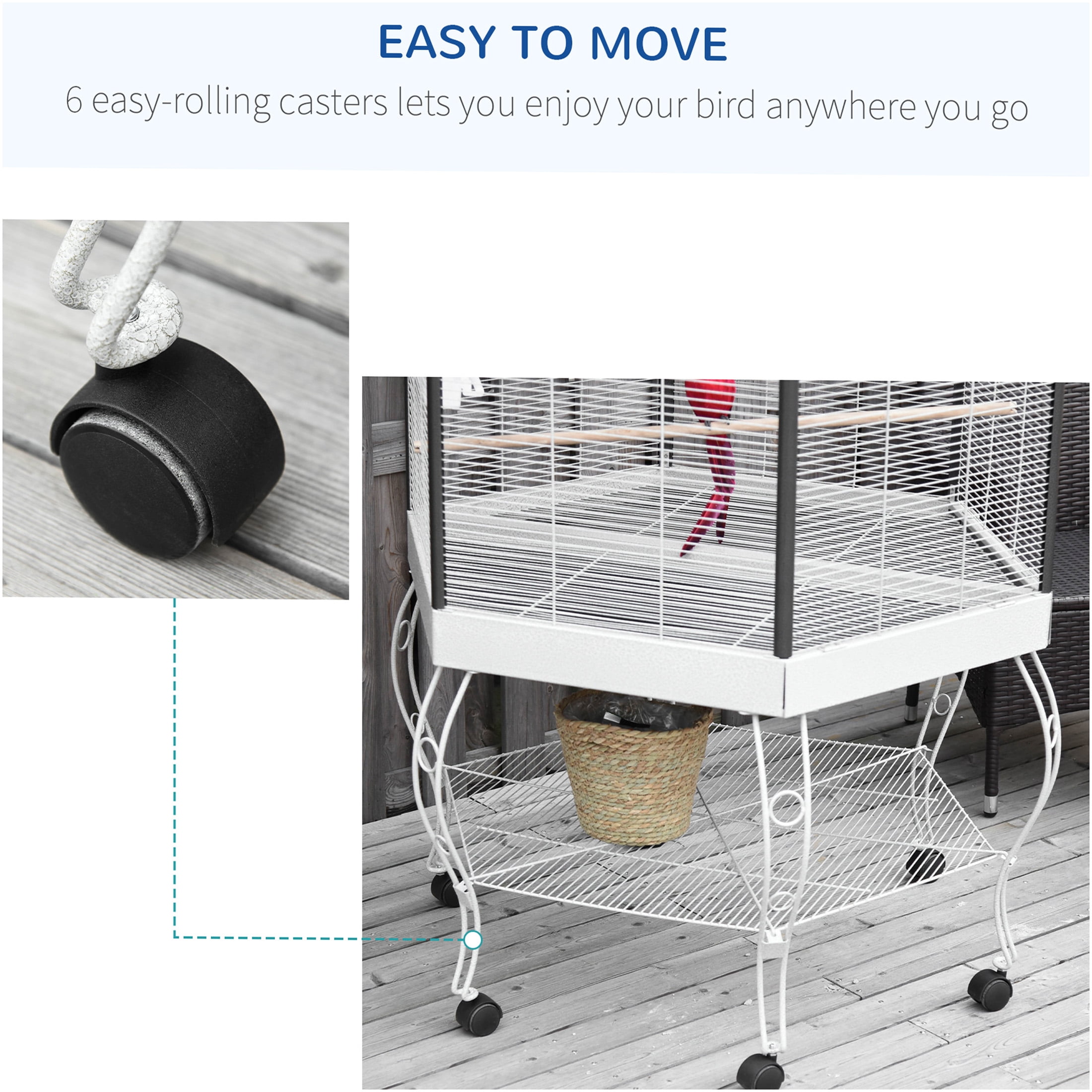 JERFIT 67’’ Hexagon Bird Cage with Stand & Wheels, Large Rolling Flight Aviary with Canopy Cover, Removable Tray for Easy Cleaning, Grey