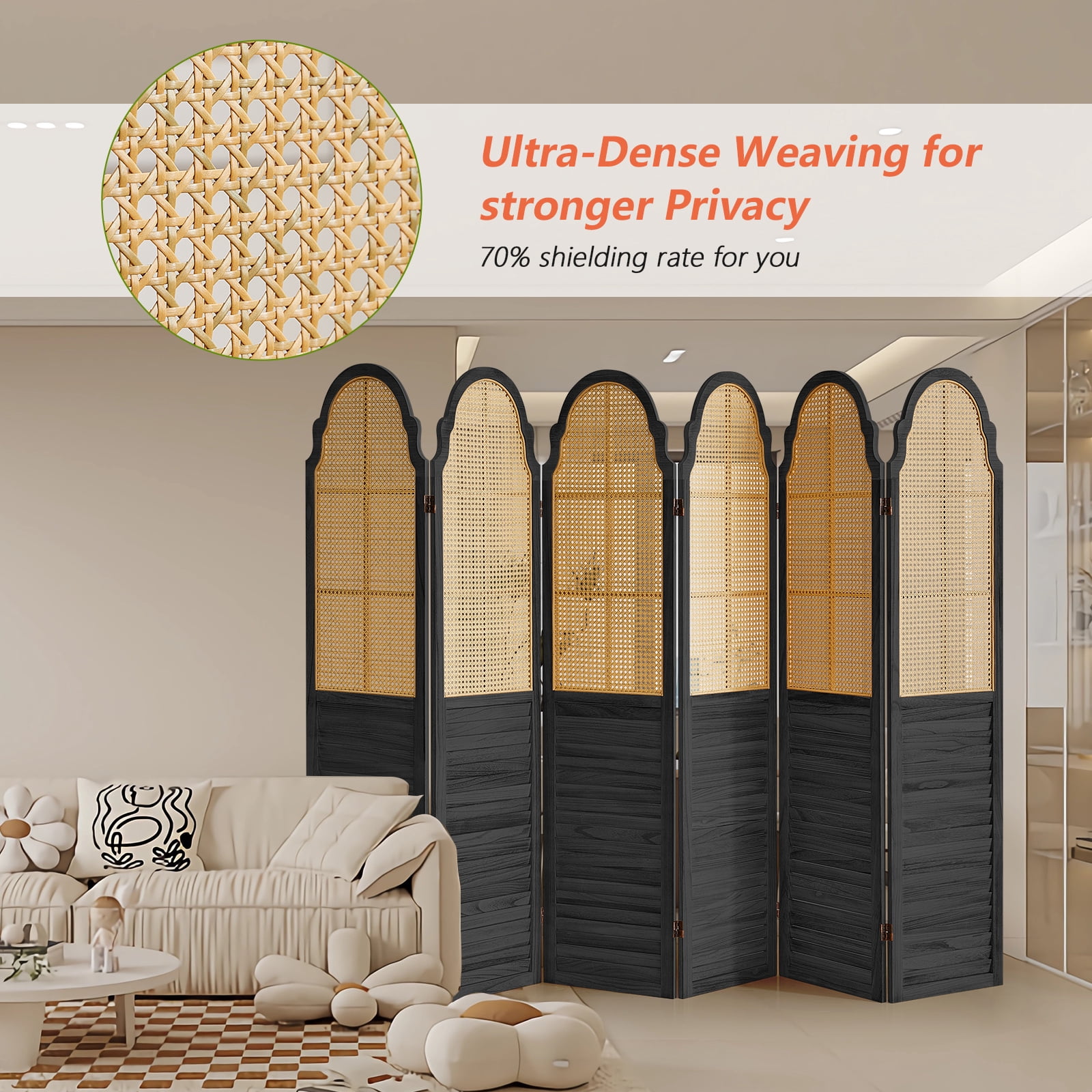 Aletheiawu 6 Panel Rattan Room Divider, Foldable Privacy Screen, No Installation Required, Black