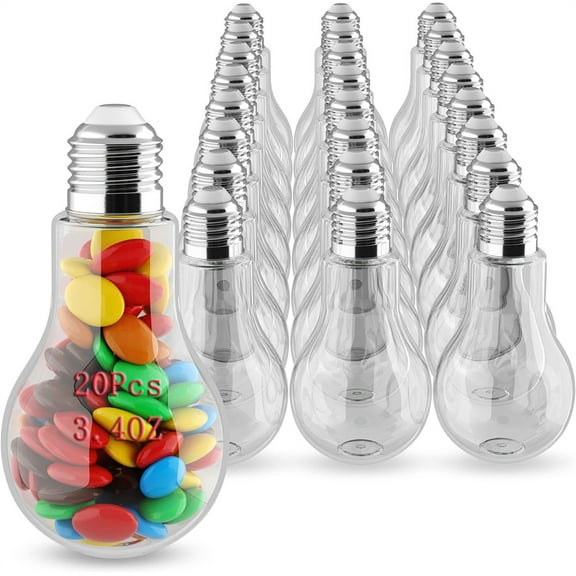Clear Fillable Plastic Light Bulbs Tutuviw 20 Pcs 3.4 oz Candy Jar Drinking Cups Christmas Ornament Storage Container with Lid Fillable Ornament for Candy DIY Craft Hanging (Silver)