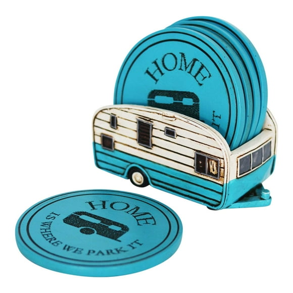 Campers Home Coaster Set - Home is Where We Park It - Set of 5 Soft Absorbent Coaster - Home RV Truck Round Drinking Coasters - Large Glass Coasters - Table Top Protection