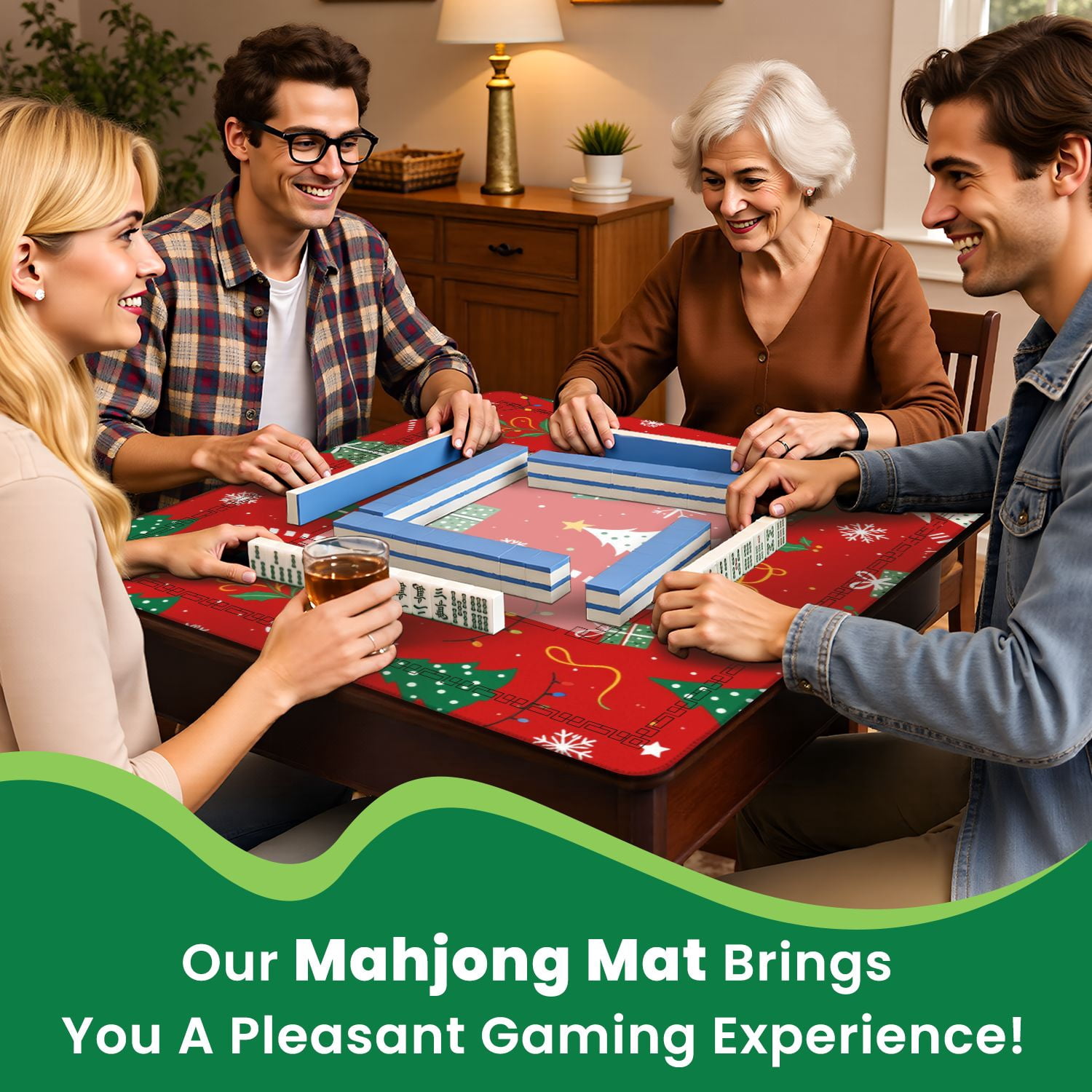 Mahjong Mat 31.5" x 31.5" Christmas tree Christmas ornament red green color Non-Slip Noise Reduction American Mahjong Tiles Table Cover for Dominoes Poker Card Board Games Gift