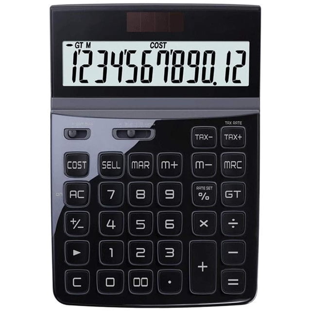 Multifunction Large Screen Calculator 12-bit Digital HD Display Protection Eye Solar Button Battery Double Insurance Financial Calculator Practical Gift (Color : Gold)-Black