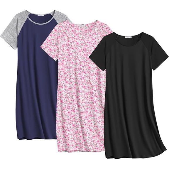 Ekouaer Nightgowns for Women Cotton Night Gown 3 Pack Sleep Shirts Short Sleeve Nightshirt Soft Sleepwear Nightdress