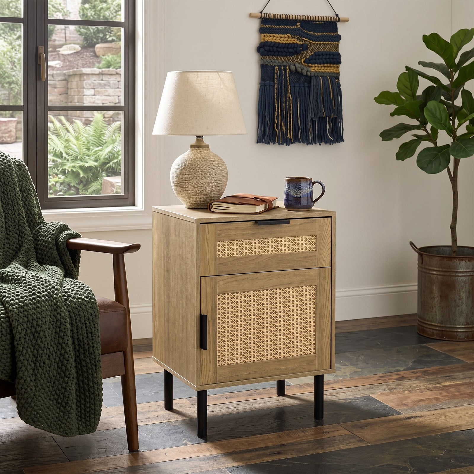 Furnibear Rattan Nightstand with Drawer and Storage Cabinet as a Bedside Table for Bedroom Dorm and Living Room, Natural