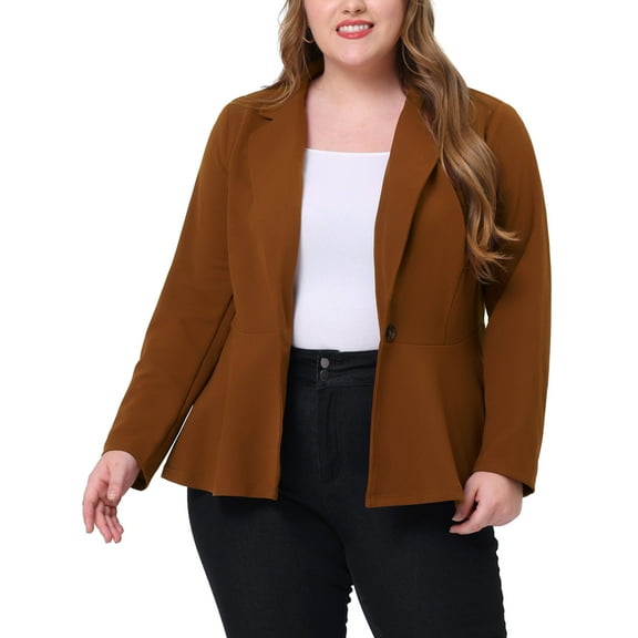 Unique Bargains Women's Plus Size 3/4 Sleeve Peplum Notch Panel Casual Blazers 5X Brown