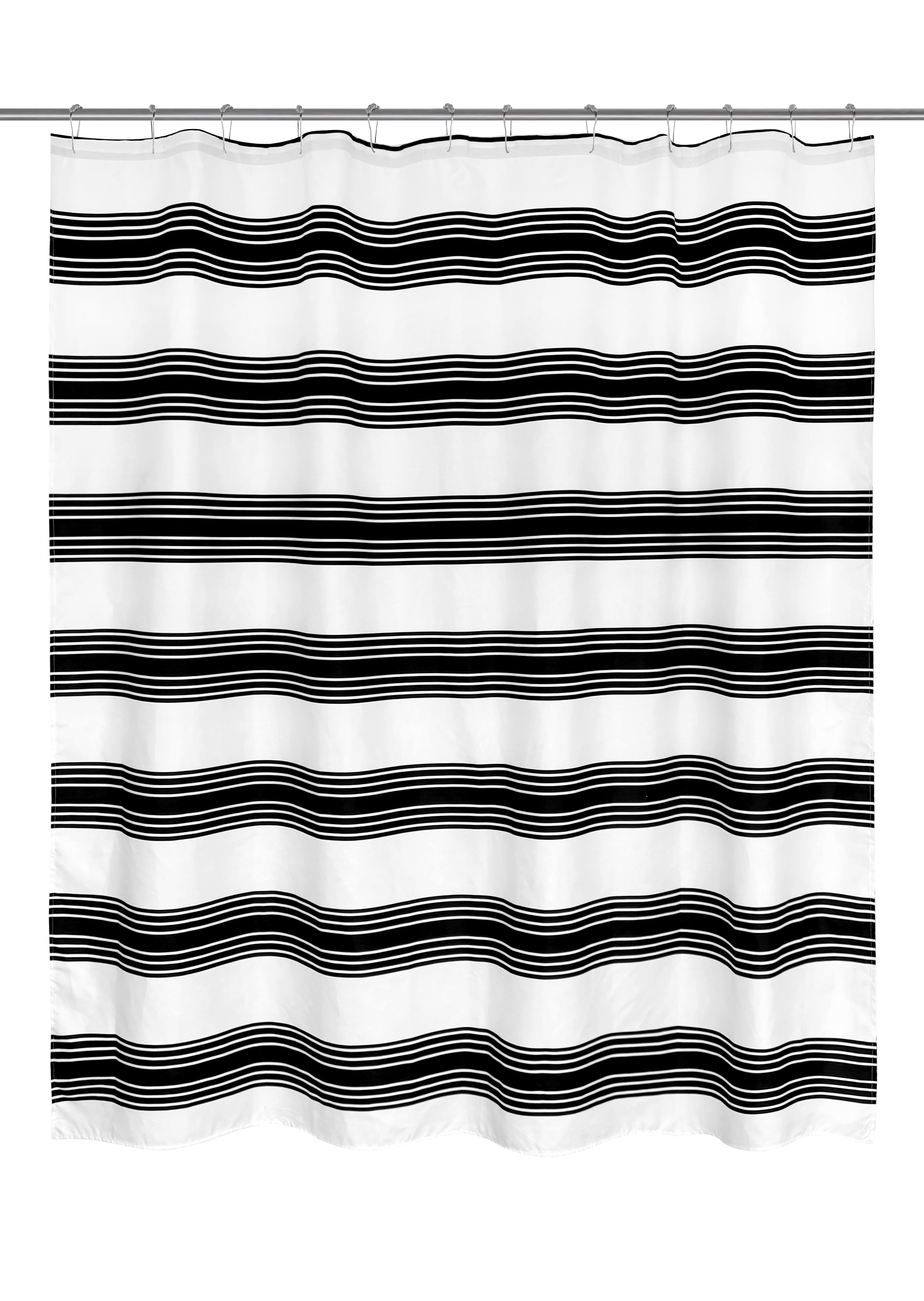 Mainstays 16-Piece Black Stripe Shower Curtain Bathroom Set – Fabric Curtain with Rug, Hooks, Soap Dispenser & Tray