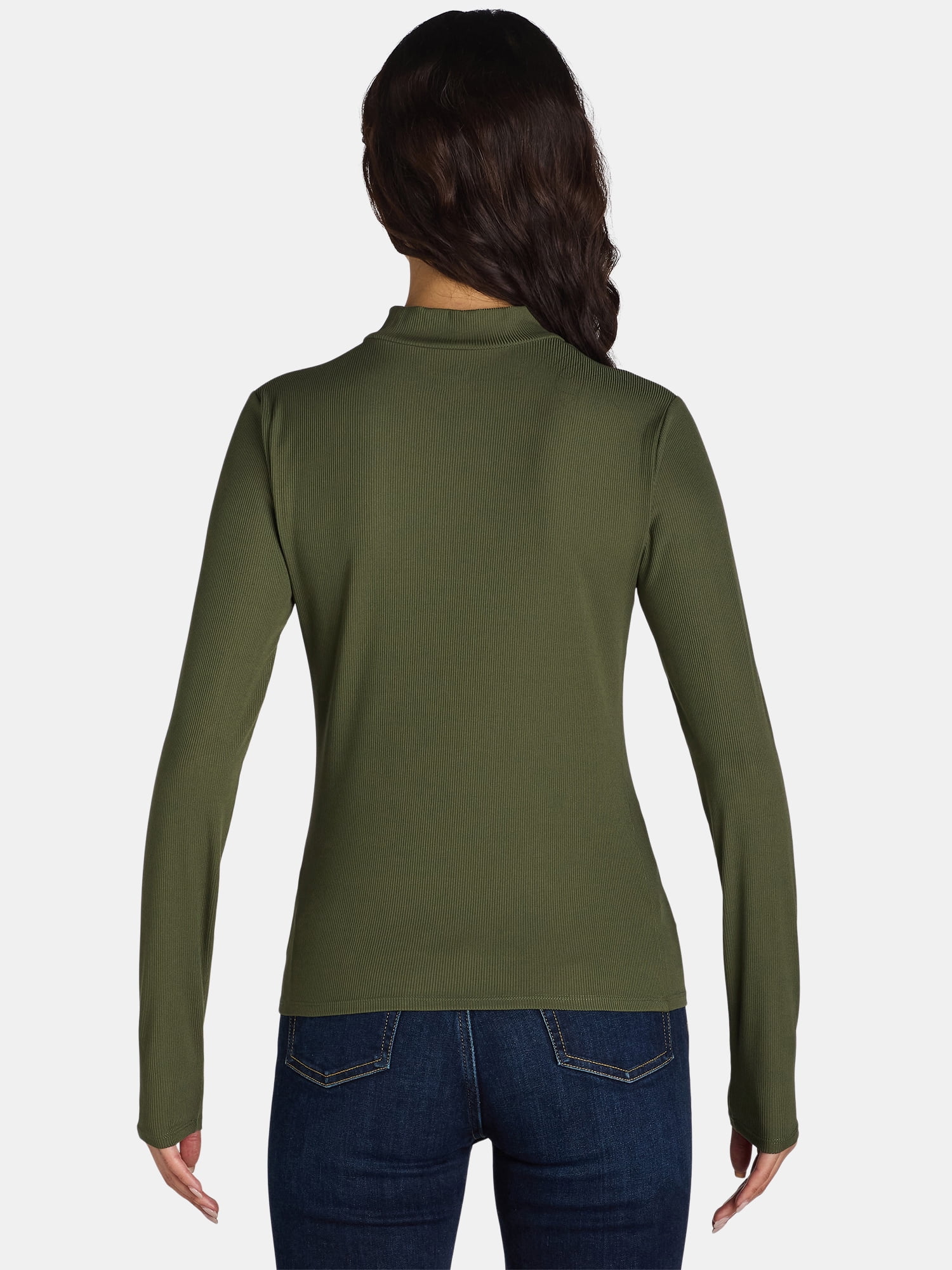 No Boundaries Ribbed Mock Neck Top with Long Sleeves, Women’s and Women’s Plus
