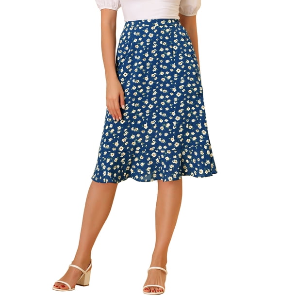 Faldas midi florales para mujer Inspire Chic, con volantes, cintura alta, fluida, en línea A, con abertura, longitud a la rodilla, color azul