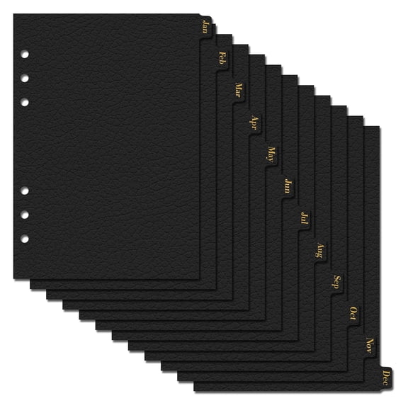 Multibey Leather Textured A5 6-Ring Binder Dividers with 12 Monthly Tabs, Black Paper Index Page Separators for Planner/Organizer (1 Set - 12 Monthly Tabs)