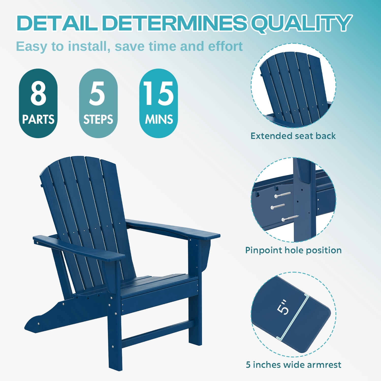 PIPOPA Outdoor Adirondack Chair set of 2, HDPE All Weather Patio Chair for Deck Backyard Garden, Blue