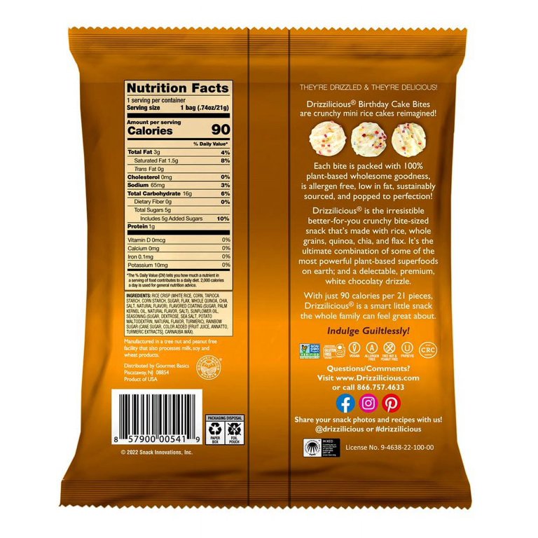 Drizzilicious Birthday Cake .74 Ounce 10 Pack Bites | Mini Snack Chocolatey Rice Cakes - Walmart.com