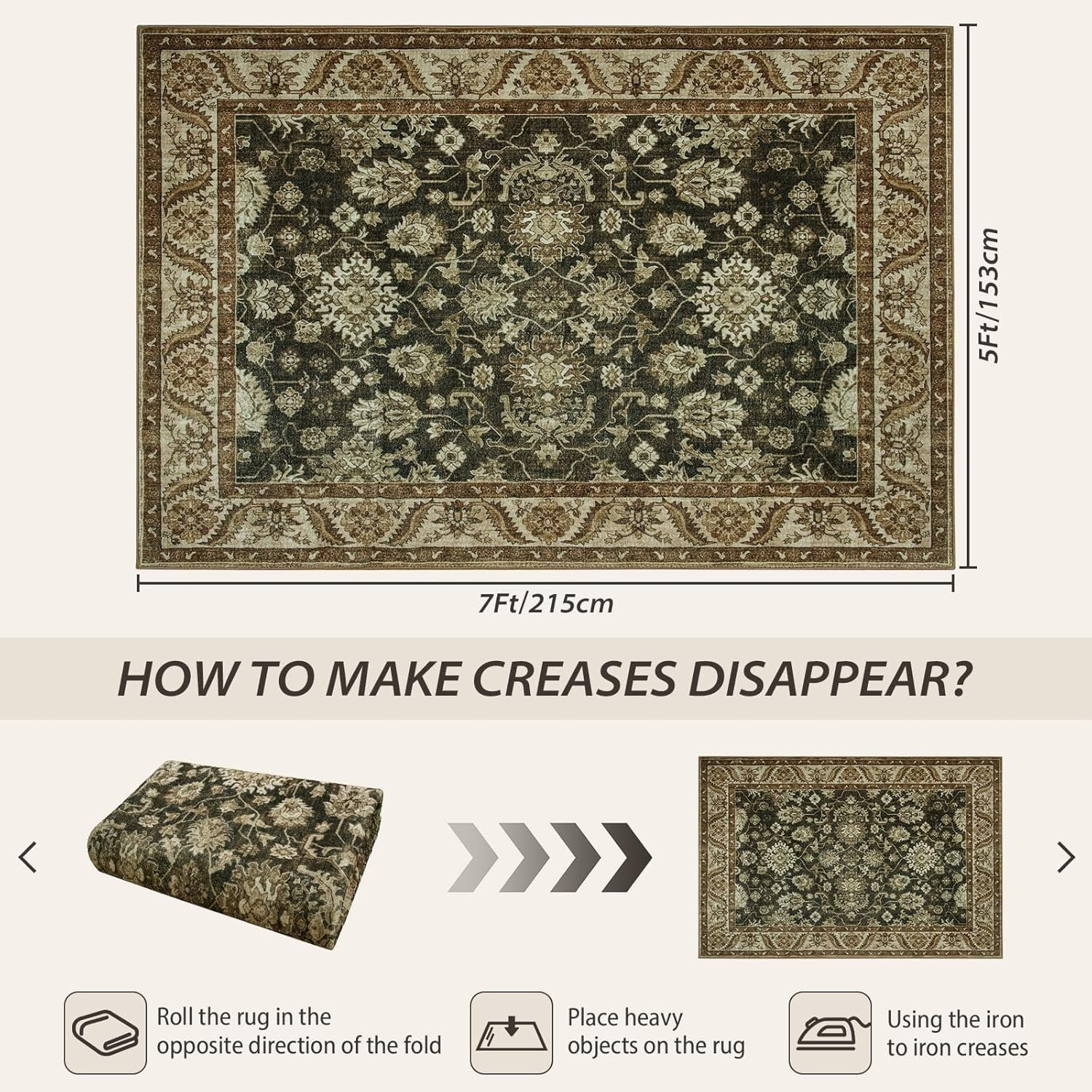 Homore Vintage Boho Traditional Oriental Faux Wool Area Rug, 5' x 7', Brown
