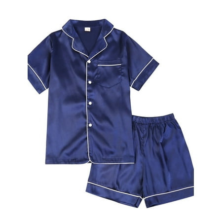 

Toddler Boys Girls Pajamas Short Set Baby Button Down Sleepwear Little Kids Sleep Shirt & Shorts PJ Set 2 Piece Sleepwear Button-Down Soft Nightwear Summer Nightie 4-9T Blue